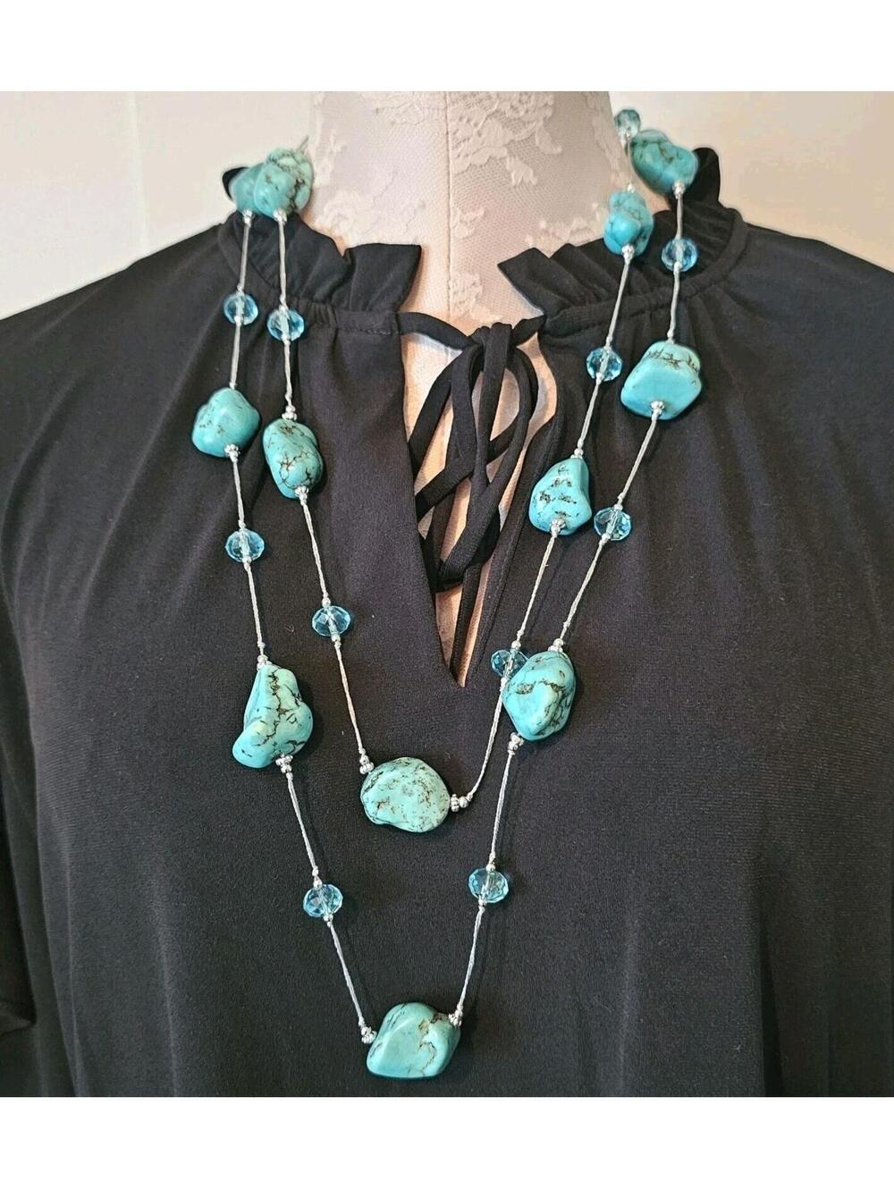 Genuine Turquoise Nugget Statement Necklace Silver Tone  56" Southwestern